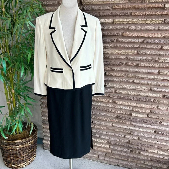 DD Collection by Doncaster Ivory with Black Trim Dress Blazer and Skirt Suit - Picture 1 of 16